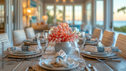 A beautifully set dining table with elegant tableware, white napkins in blue rings, and a coral centerpiece, illuminated by soft ambient lighting with a view of the ocean in the background.