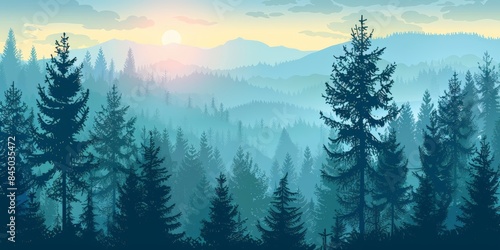 A serene illustration of a forest with tall pine trees silhouetted against a misty sunrise over a mountain range