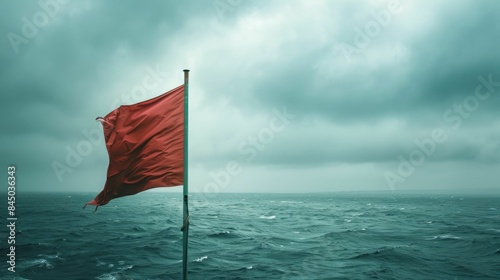 A vibrant red flag flutters under a cumulus cloud in the electric blue sky amidst the vast expanse of liquid water, signaling a warning to travelers of potential danger ahead AIG50