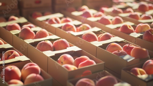 Fresh peaches are packed into cardboard boxes ready to be delivered to customers.
