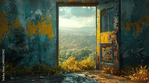 A doorway, gateway to a surreal landscape, symbolizes the act of venturing into the boundless realm of imagination.