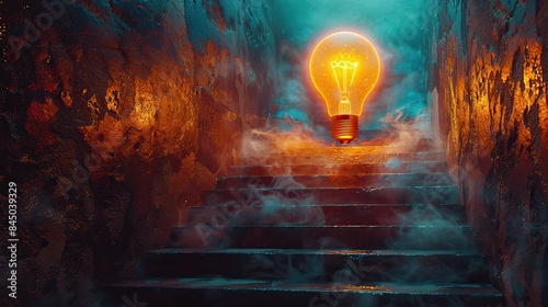 An ascending staircase, culminating in an illuminated light bulb, symbolizes the arduous but radiant path toward enlightenment achieved through creative expression.