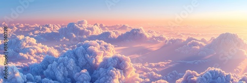 A breathtaking aerial view of fluffy white clouds at sunset, with a vast expanse of clouds stretching out below