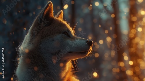 Beautiful Akita Inu dog against the backdrop of an evening landscape with bokeh lights