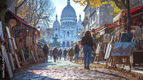 Young woman walking along the street with colorful canvas with painting and Montmartre. Attractive female tourist visit tourist attraction while looking and enjoy watching impressive scene. AIG42.