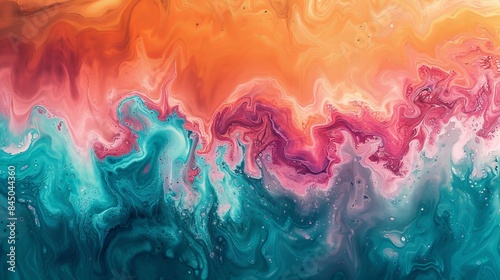 Abstract background of vibrant paint colors in teal, blue, orange, and pink, similar to pouring acrylic paint with swirls, bubbles, and cells. 