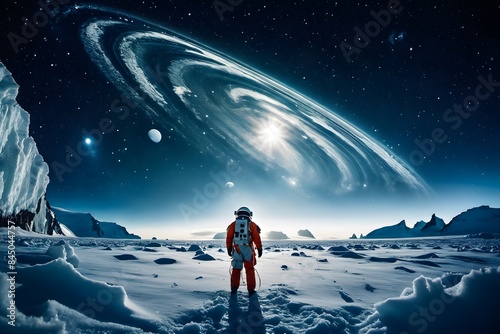 Astronaut on a cold snowy planet. Winter snowy landscape of Antarctica with a view of the planets. The astronaut looks into the cold future, fantasy illustration concept