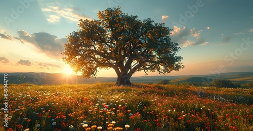 Amidst a field adorned with wildflowers, stands a stately oak tree, its towering height a testament to its unyielding strength and remarkable resilience.