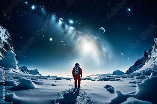 Astronaut on a cold snowy planet. Winter snowy landscape of Antarctica with a view of the planets. The astronaut looks into the cold future, fantasy illustration concept