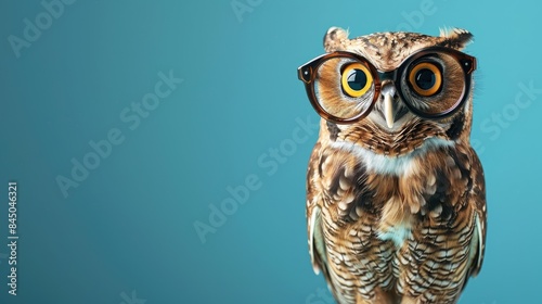 Clever forest owl with glasses on blue background Back to school symbol