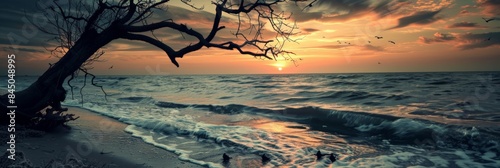 A silhouette of a tree with bare branches hangs over the shoreline of a vast body of water, the setting sun casting a warm glow on the clouds and the waves
