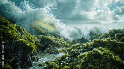 Tidal wave crashes against moss covered and algae adorned rocks creating a stunning marine view
