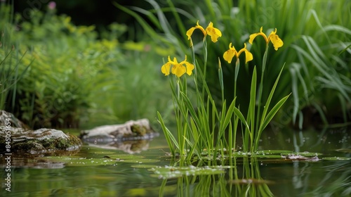 Yellow Iris pseudacorus in natural pond setting