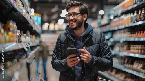 Man in a grocery store aisle, smiling while looking at his phone. Shelves stocked with various products in the background.