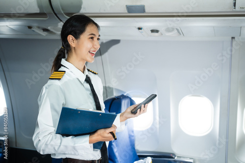 A female pilot in a blazer with epaulettes leans forward in the passenger seat of the airplane cockpit, checking the flight plan before takeoff, ensuring all pre-flight checks are complete.