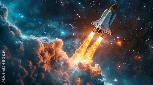 A rocket taking off into space, leaving behind fiery exhaust and smoke, set against a backdrop of stars and a blue sky.