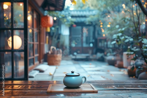 Cozy outdoor tea setting in a traditional courtyard with teapot on a wooden table, surrounded by greenery and warm lights.