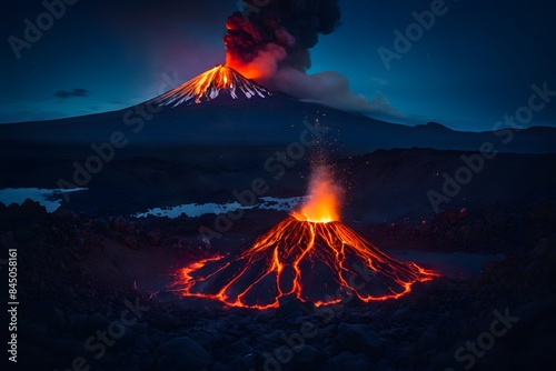 Night landscape with volcano and burning lava. Volcano eruption