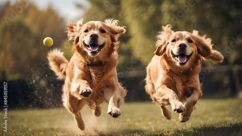 A happy golden retriever dog jumping into the air to catch a ball 