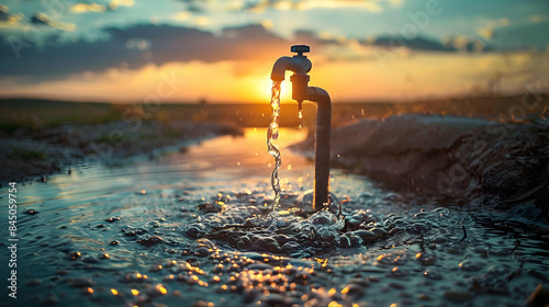 Close-up faucet with water on drought land on the sunset view
