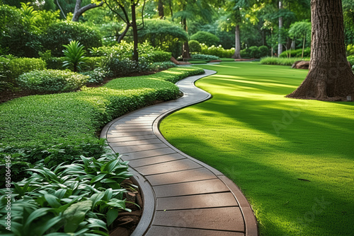 Lush Green Garden with Curved Concrete Pathway and Ornamental Trees in Spring Landscape