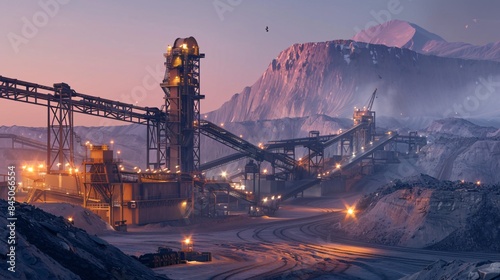 Evening light bathes a mining facility and conveyors with a mountain backdrop 