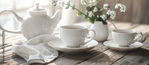 White Tea Set with Fresh Tea on Wooden Background for an Elegant Tea Experience.