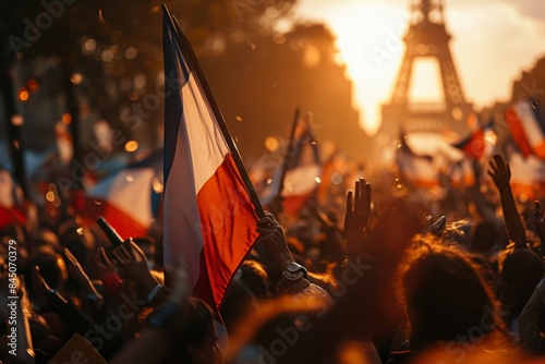 Generic unrecognizable crowds cheering or demonstrating with waving French flags with Eiffel tower background. Digitally generated rendering and Not based on any actual scene, reference, Generative AI