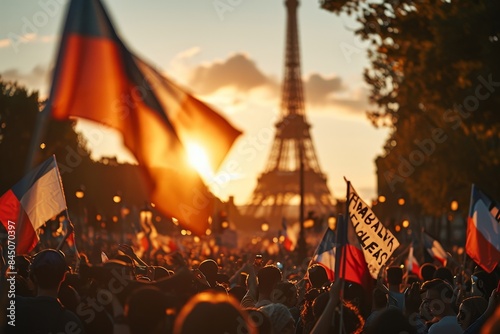 Generic unrecognizable crowds cheering or demonstrating with waving French flags with Eiffel tower background. Digitally generated rendering and Not based on any actual scene, reference, Generative AI