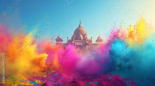 Colorful holi powder in front of a temple during a festive celebration.