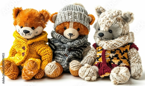 cutout set of 3 stuffed friendly cute teddy bear , raccoon or fox and a tiger baby plushie stuffed toys wearing jackets for winter cold isolated on white png background, Generative AI 