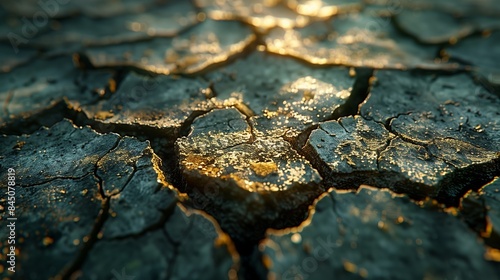 Drought-Damaged Earth with Cracks. Drought-stricken earth showing deep cracks and golden sunlight highlighting the severity of the dry conditions.