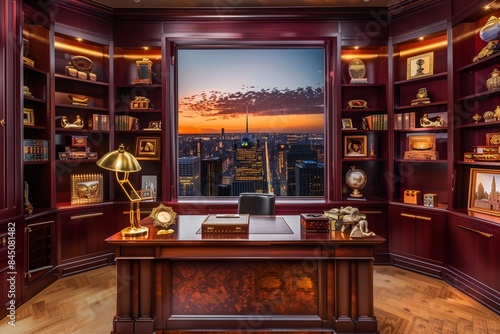 An executive office with a large mahogany desk, a classic brass desk lamp, rich burgundy walls, elegant shelving with artifacts, and a wide window with a cityscape at sunset.