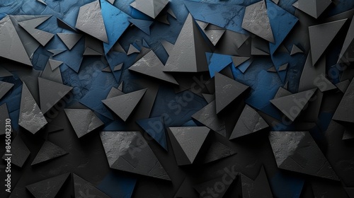 Abstract geometric background with scattered blue and gray triangular shapes.