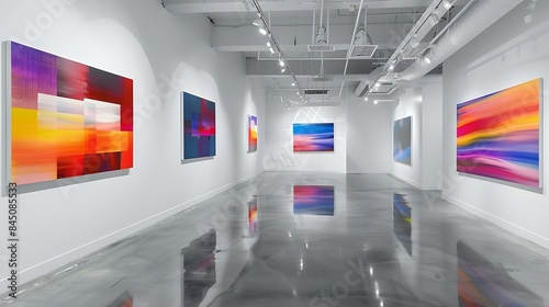 A chic art gallery with white walls and polished concrete floors, featuring a collection of colorful abstract paintings that bring vibrancy and energy to the minimalist environment.