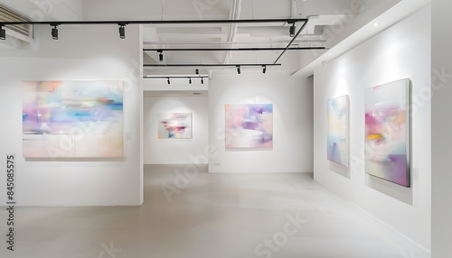 A chic art gallery with white walls and a clean, minimalist aesthetic, featuring a series of abstract paintings that add a touch of sophistication and modernity.