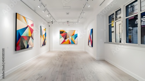 A chic art gallery with white walls and natural light, showcasing a collection of geometric abstract paintings that create a dynamic visual effect.