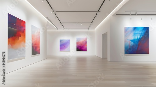 A contemporary art gallery with minimalist white walls and adjustable lighting, showcasing a series of bold abstract paintings that create a visually engaging experience.
