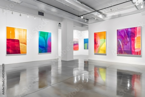 A contemporary art gallery with white walls and polished concrete floors, displaying a collection of colorful abstract paintings that create a dynamic and visually engaging experience.