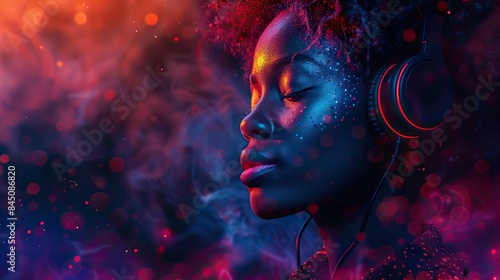An African woman with headphones immersed in vibrant colors, dynamic sound vibrations, and abstract digital light effects, evokes powerful emotions on a black canvas.