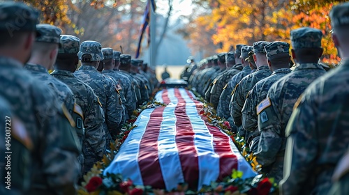 A flag-draped casket borne by a military honor guard amidst a memorial service with a blurred background offering copy space