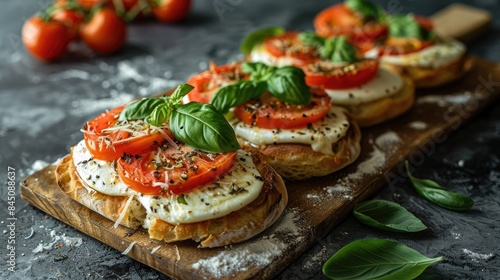Pinsa topped with tomato mozzarella and basil on a cutting board against a dark stone backdrop