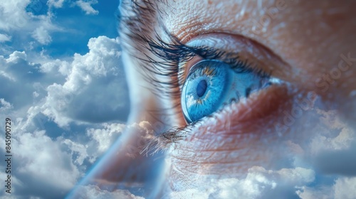 A Close-Up View of a Blue Eye with Overlapping Clouds