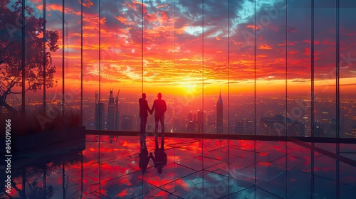 Amidst the towering skyscrapers bathed in the golden hues of sunrise, two businessmen engaged in a firm handshake, symbolizing the successful conclusion of their partnership deal, solidifying their