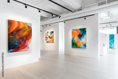 A modern art gallery with minimalist white walls and natural light, featuring a series of abstract paintings that add a touch of elegance and sophistication to the environment.