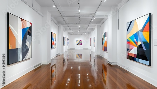 A modern art gallery with minimalist white walls and polished wooden floors, displaying a collection of geometric abstract paintings that add a touch of modernity to the space.