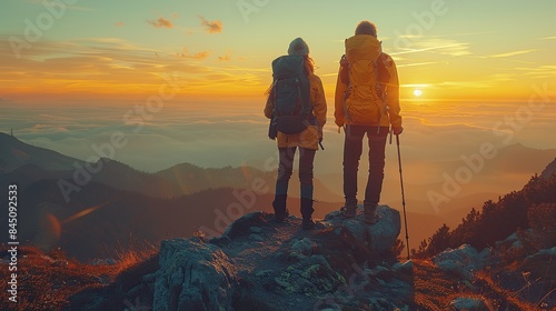 Atop soaring peaks, a pair of hikers bask in the golden glow of sunset or sunrise. Their footsteps echo the rhythm of their triumph, a testament to their adventure, camaraderie, and the liberating emb
