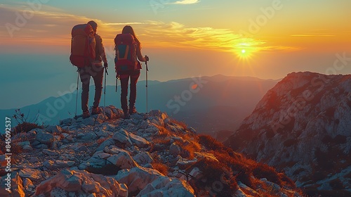 Atop soaring peaks, a pair of hikers bask in the golden glow of sunset or sunrise. Their footsteps echo the rhythm of their triumph, a testament to their adventure, camaraderie, and the liberating emb