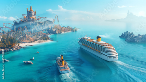 Cruise ship sailing on a clear blue sea, filled with joyful passengers. In the background, a bustling theme park with roller coasters and Ferris wheels