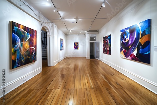 A refined art gallery with white walls and hardwood floors, displaying a series of abstract paintings in a clean and organized layout, enhancing their visual impact.